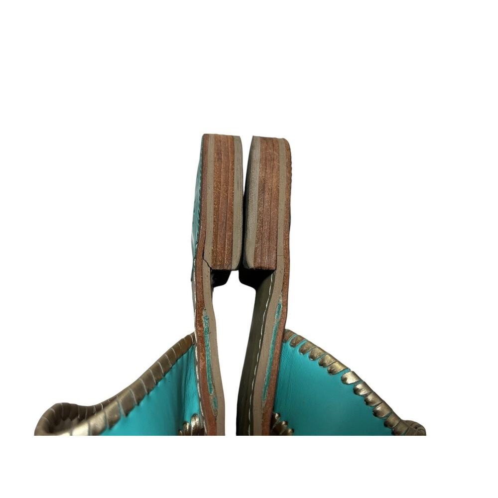 Jack Rogers Jacks Flat Sandals Teal Green Gold Whipstitch Women's 10 Slip On - Picture 4 of 9